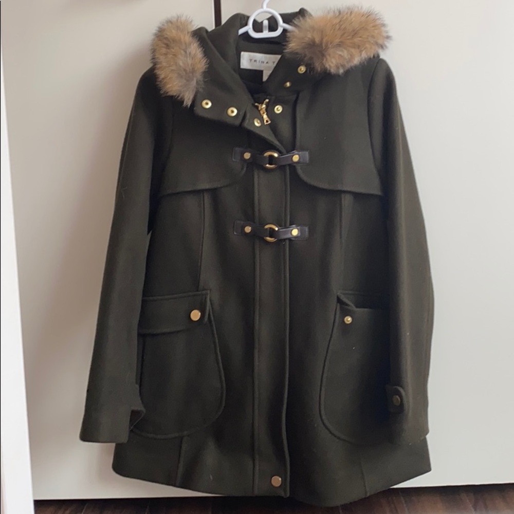 Trina Turk Hunter Green Pea Coat w / real fur hood